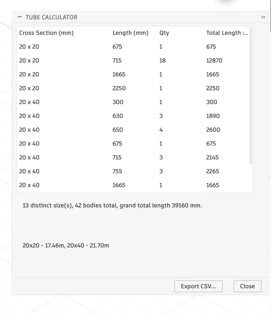 Діалог Tube Calculator у Fusion 360: таблиця з перерізами, довжинами й кількістю відрізків, підсумок 13 типорозмірів і 42 тіла